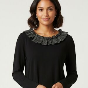 Finity Black Blouse Size Medium with Ruffled Neckline Rosette Business Casual